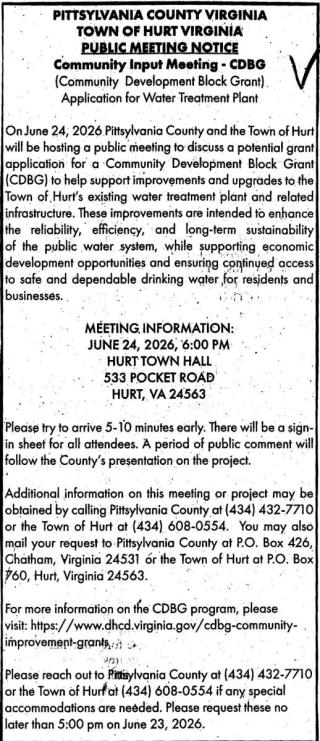 Public Hearing Notice for Community Input Meeting on June 24, 2026 at 6 pm.
